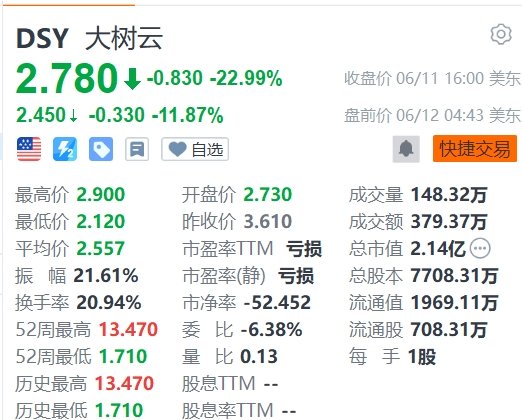 大树云盘中异动 大幅跳水6.41%报2.92美元